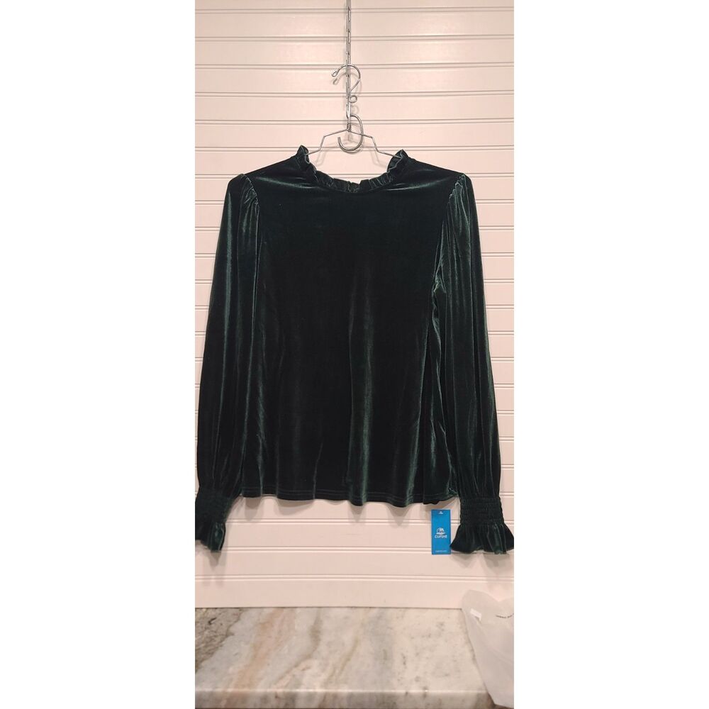 Cupshe Womens Green Velvet Frill Mock Neck Long Sleeve Top Size M NWT